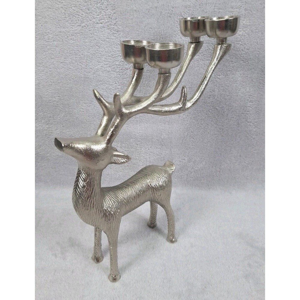Christmas Reindeer Candle Tea Light Holders Silver Metal Textured Candelabra